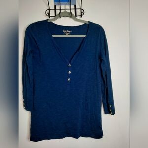 Lilly Pulitzer (Sz XS) Navy Blue Pima Cotton VNeck Button 3/4 Sleeve Burnout Top